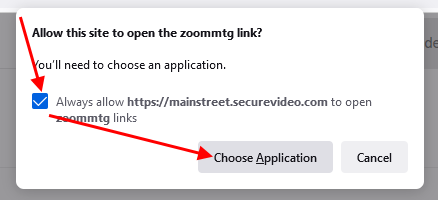 Arrow pointing at checkbox and then at Choose Application